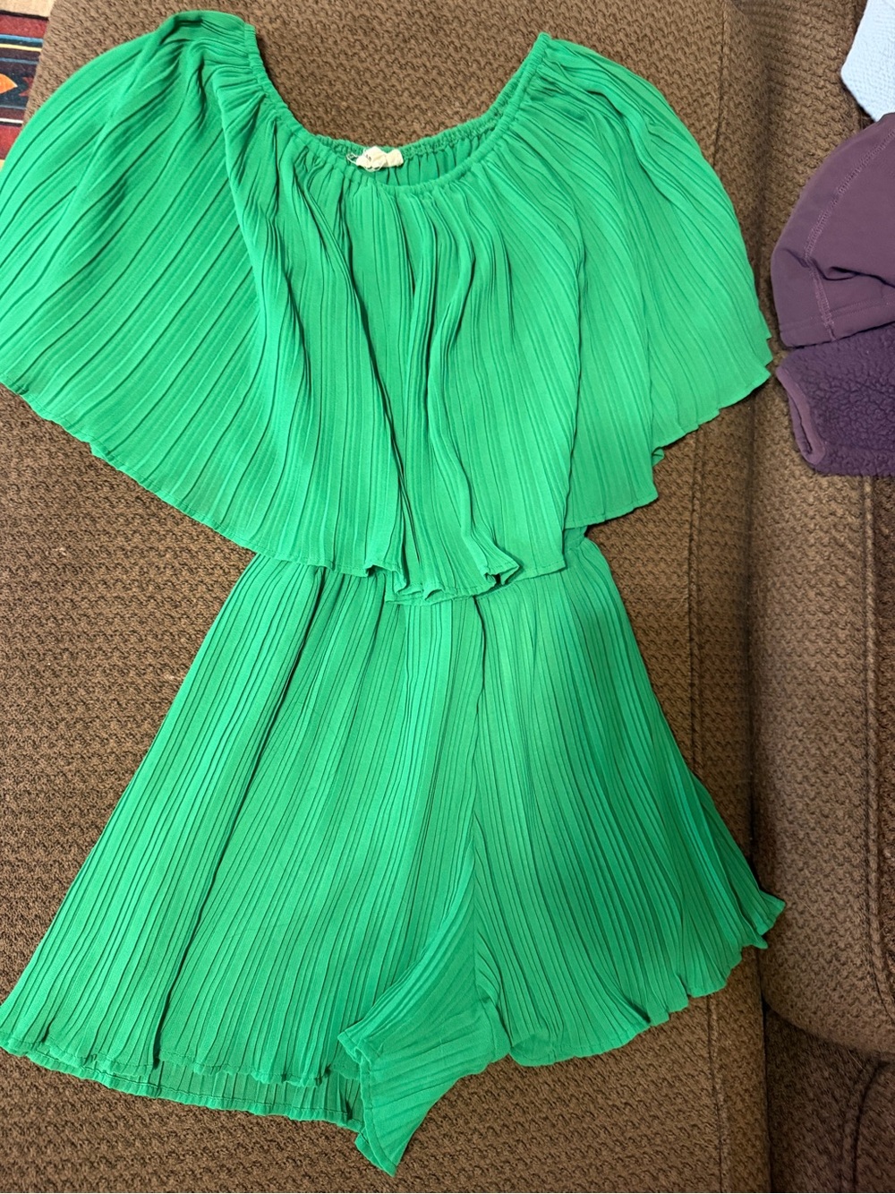 Girls Green Pleated Off-Shoulder Romper